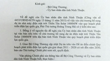 Government allowed adding 1000MW into Thien Tan solar power plant in Ninh Thuan